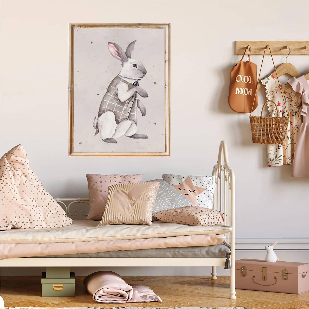 Plakat Króliczek retro w kamizelce – dekoracja ścienna dla dziewczynki | Mała Pracownia