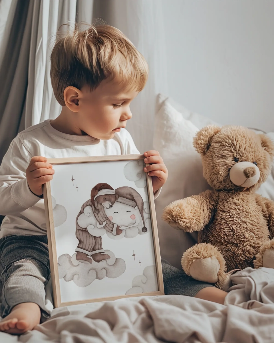 Plakat boho Miś z chmurką – dekoracja pokoju dziecka | Mała Pracownia