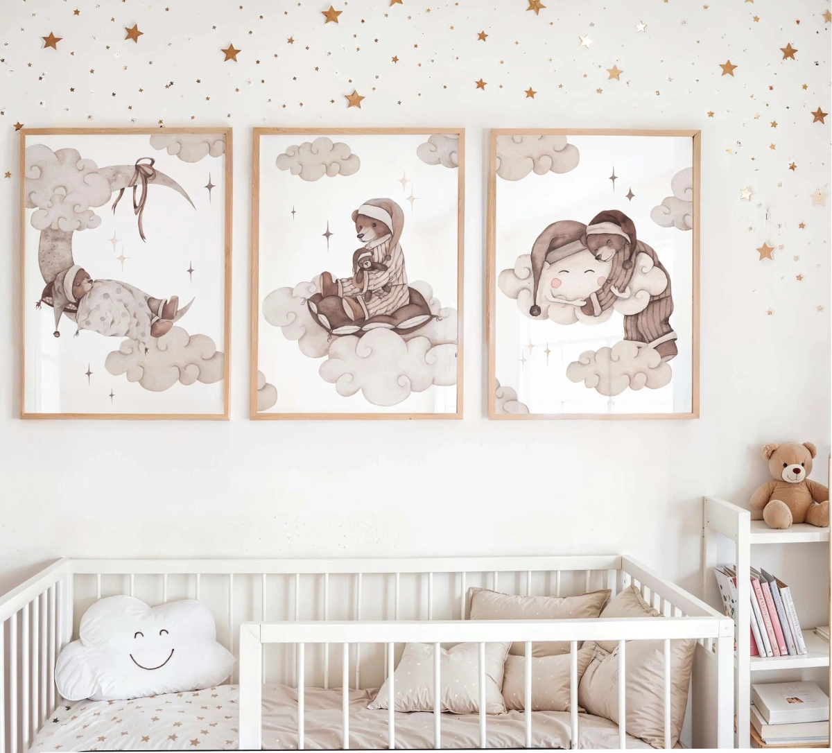 Tryptyk Sleepy Teddy – zestaw 3 plakatów boho do pokoju dziecka | Mała Pracownia