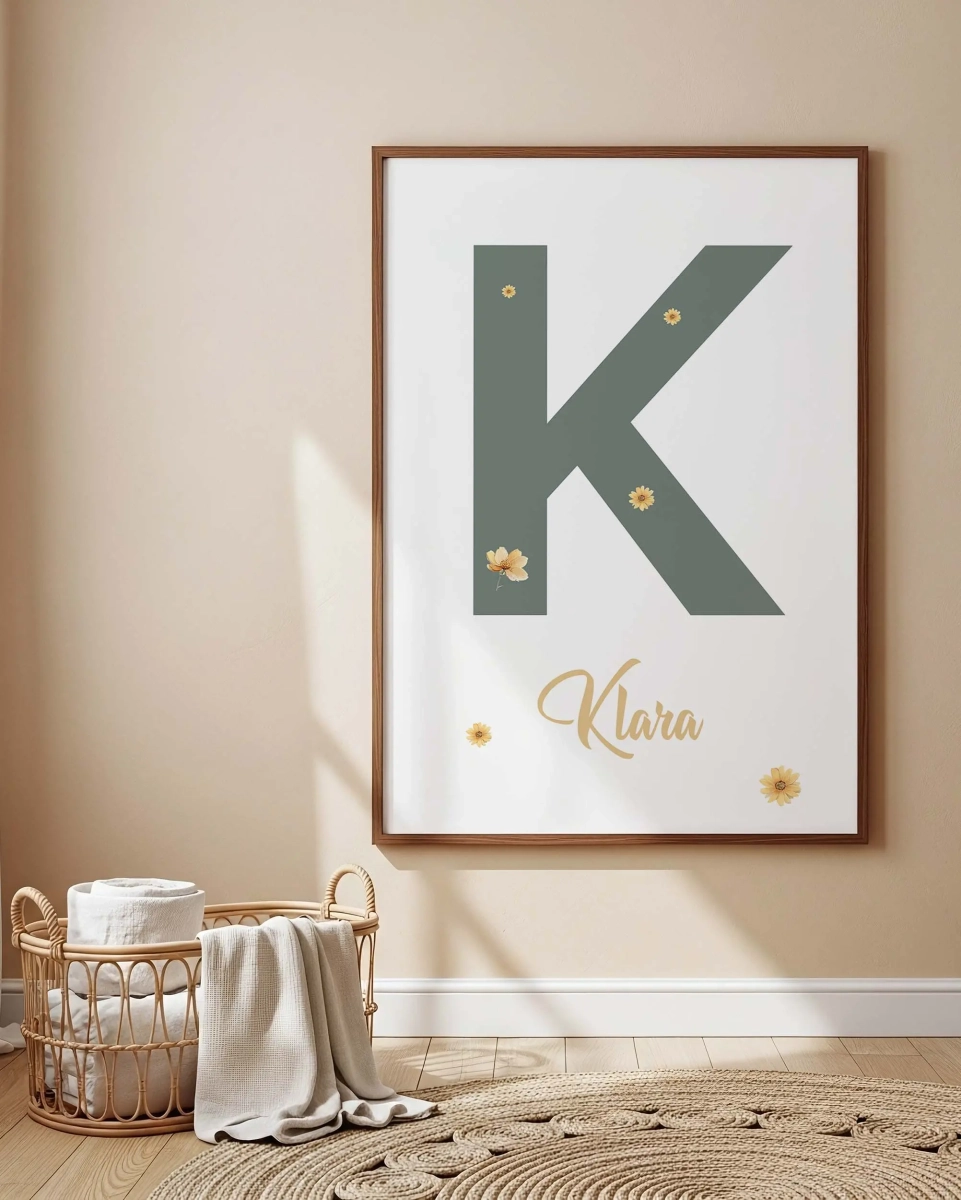 Plakat personalizowany z literą i imieniem do pokoju dziecka – Mała Pracownia