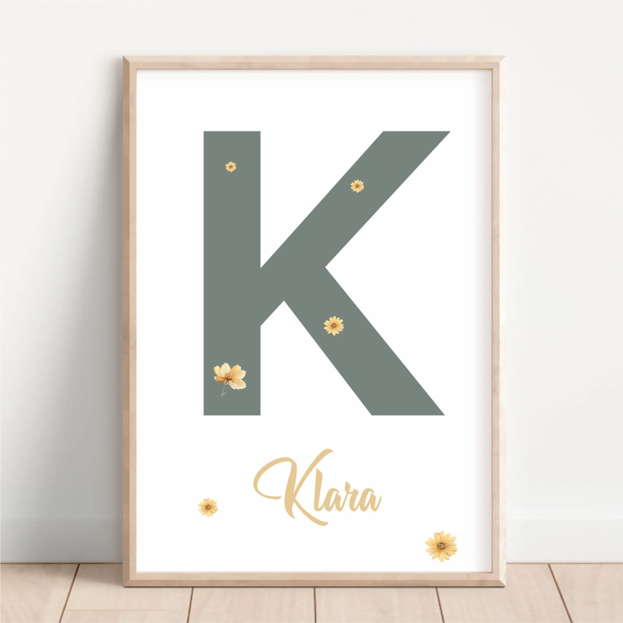 Plakat personalizowany z literą i imieniem na ścianę dla dzieci – Mała Pracownia